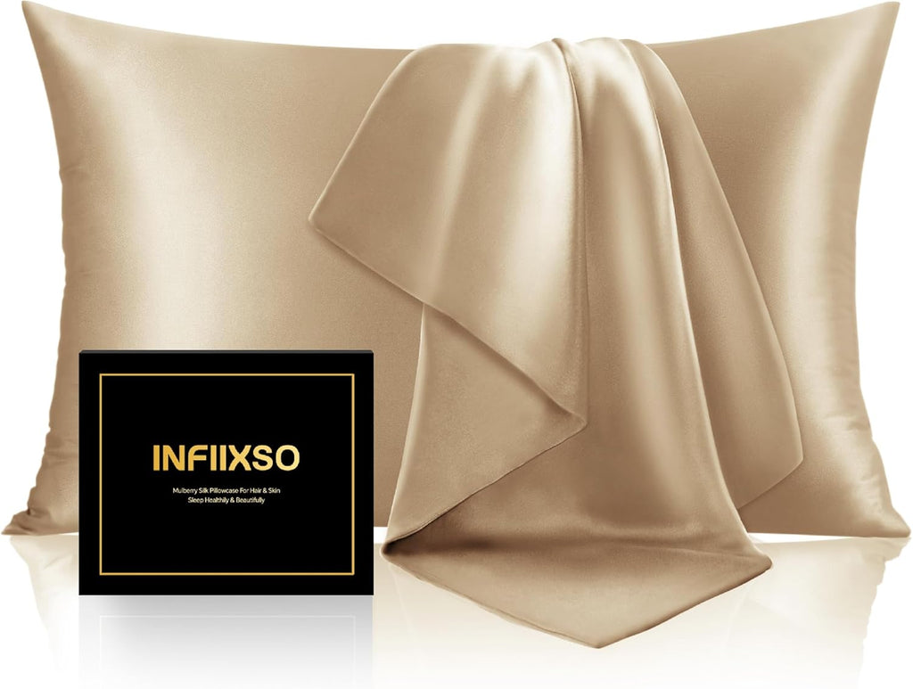INFIIXSO Mulberry Silk Pillow Cases Standard Size with Zipper, Champagne