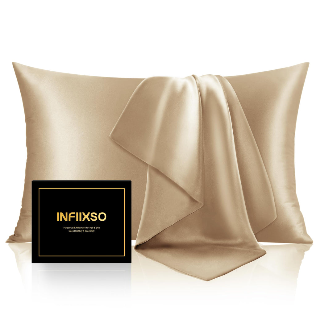 INFIIXSO Mulberry Silk Pillow Cases Standard Size with Zipper, Champagne