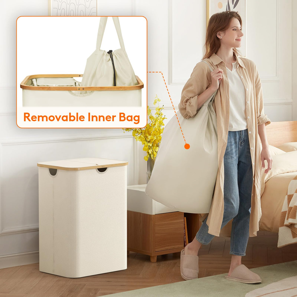 Lifewit 105L Large Laundry Basket with Lid, Removable Bags, Beige