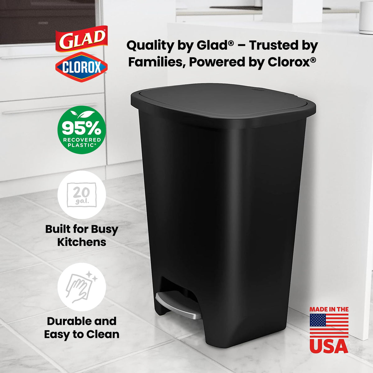 Glad Trash Can with Clorox Odor Protection | Plastic Bin, 13 Gal, Black