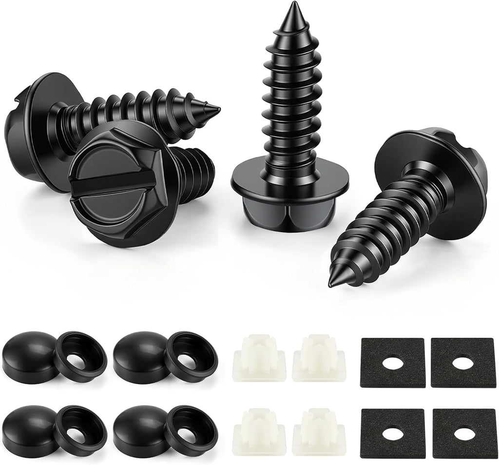 LivTee Rustproof License Plate Screws for Securing License Plates Frames and Covers on Cars and Trucks, 4 Sets Premium Stainless Steel Self Tapping Mounting Bolts (Black Zinc Plated)