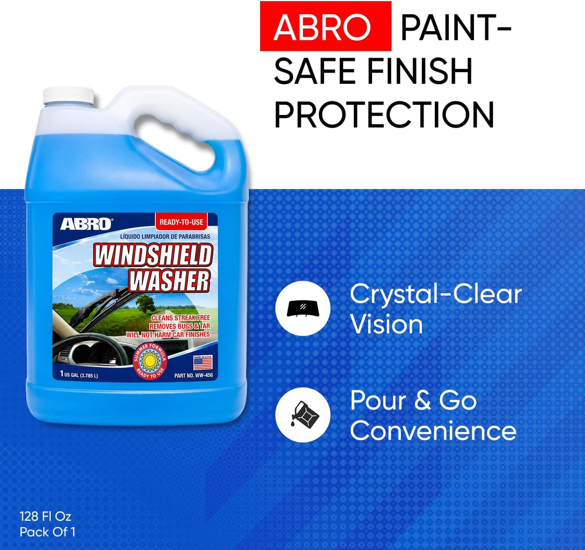 ABRO Windshield Washer Fluid 1 Gallon, Streak-Free Bug Remover, 1 Pack
