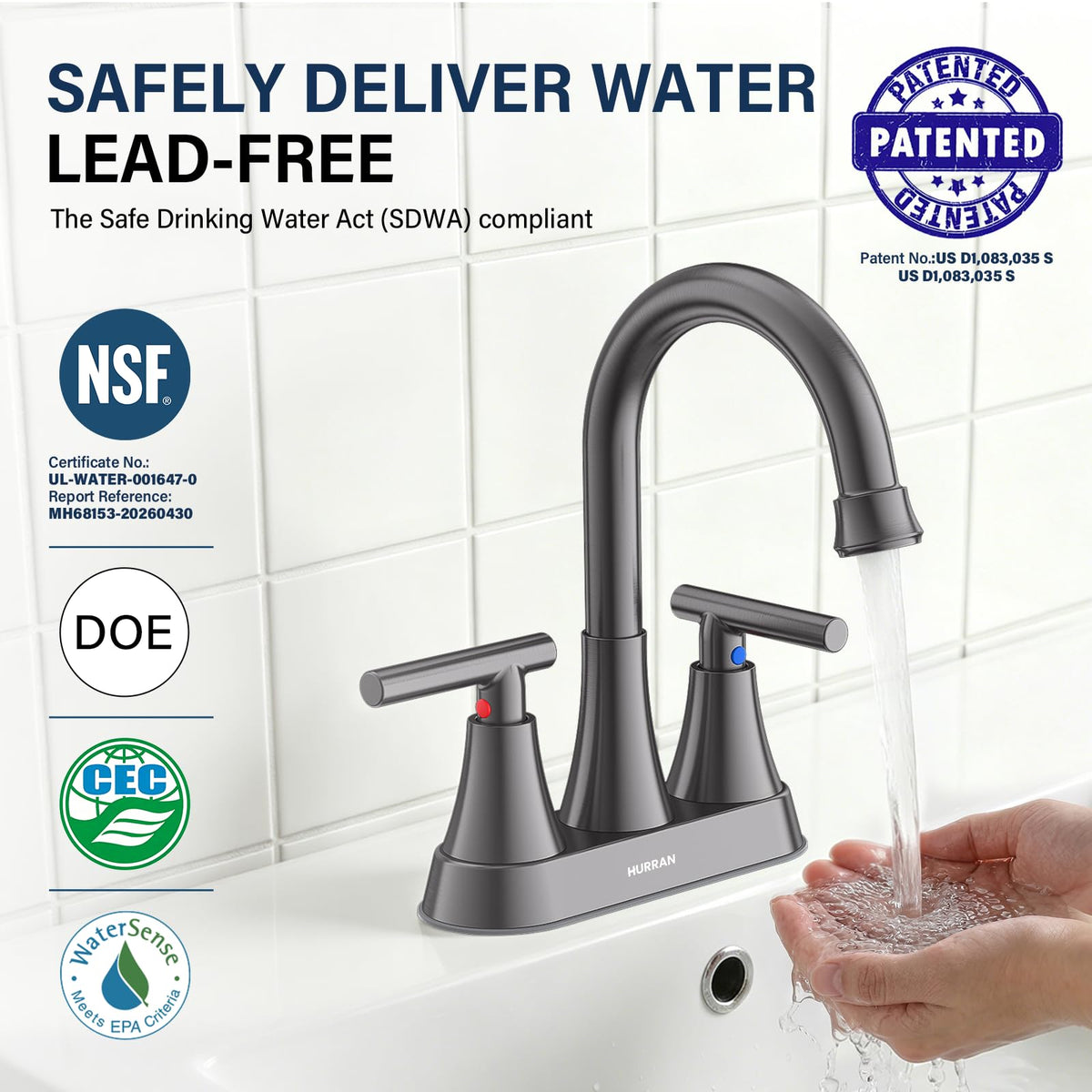 Matte Black Bathroom Faucet, Hurran 4 inch Centerset 2-Handle Lead-Free