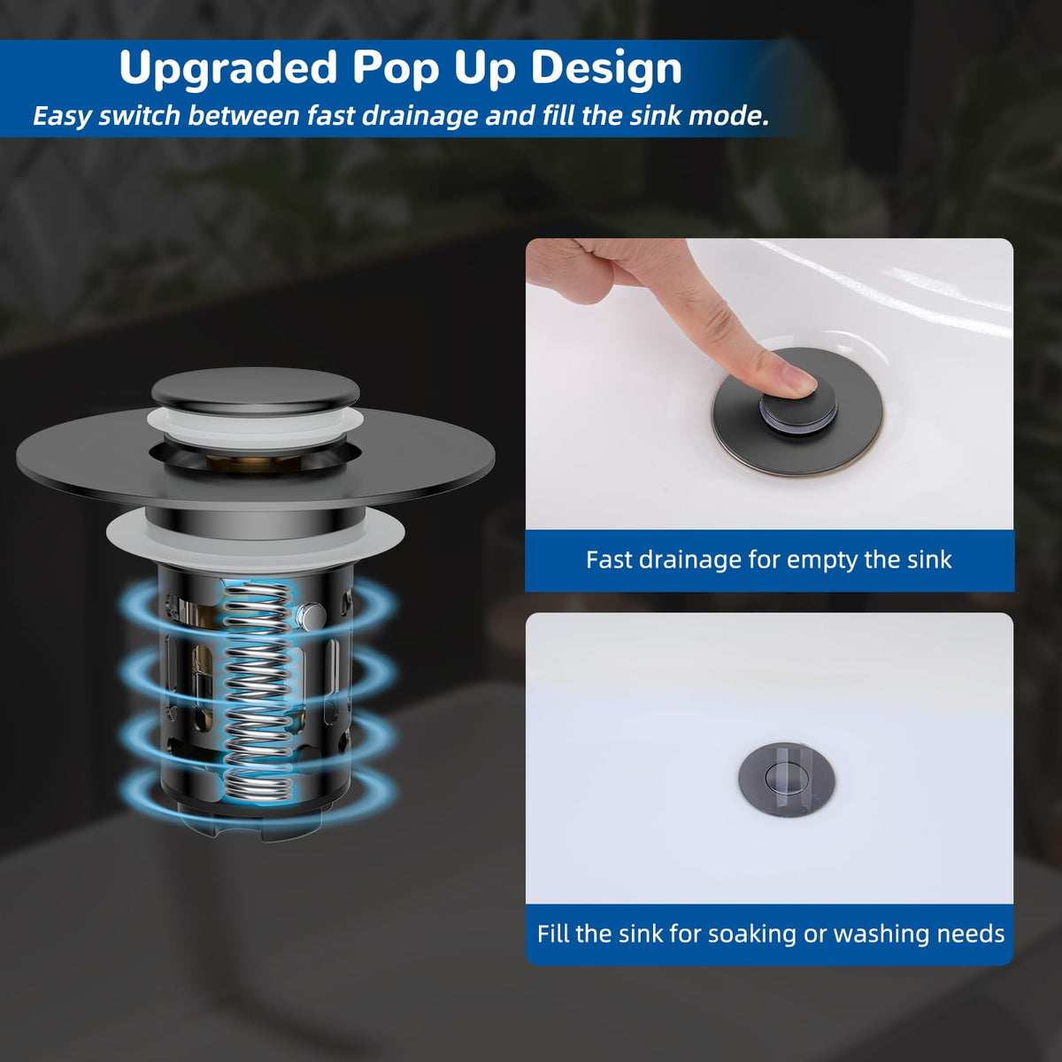 Hibbent Upgraded 3 in 1 Bathroom Sink Drain Strainer, Pop Up Stopper