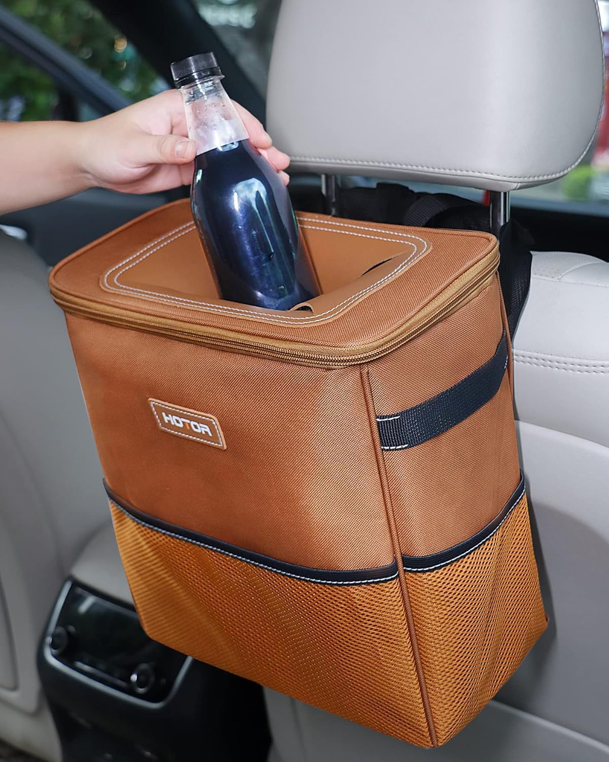 HOTOR Car Trash Can, Leakproof Car Organizer, 2-Gallon, Brown