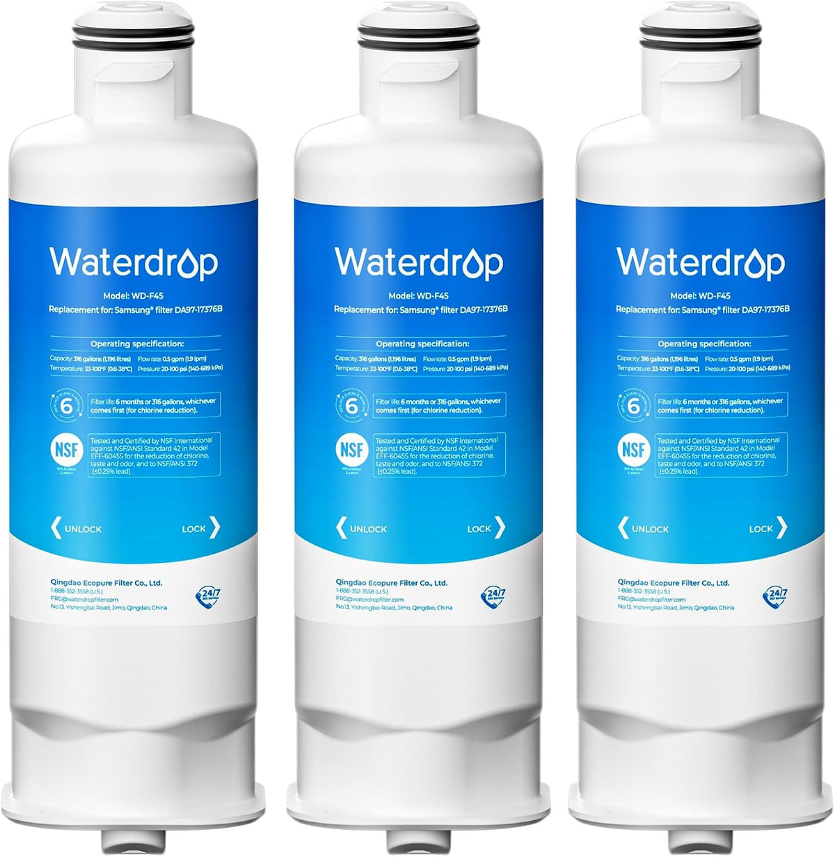 Waterdrop WD-F45 Water Filter, Replacement for Samsung® DA97-17376B, 3 Pack
