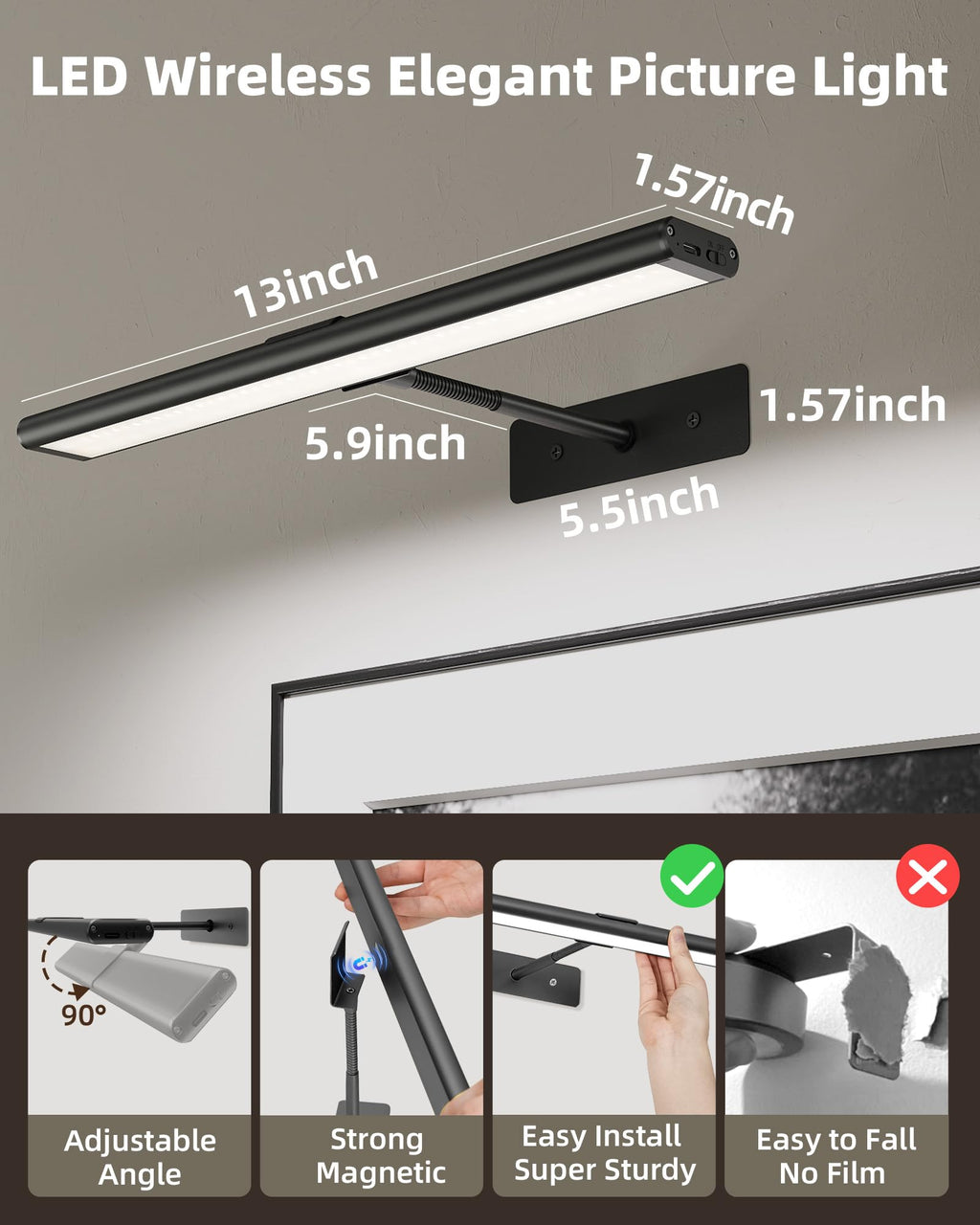 EZVALO Picture Light for Wall, 13'' Rechargeable Magnetic with Remote