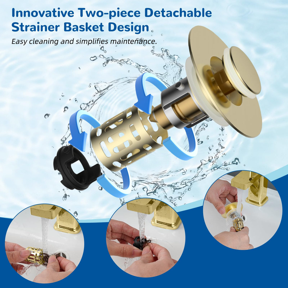Hibbent Upgraded 3 in 1 Bathroom Sink Drain Strainer, Pop Up Stopper
