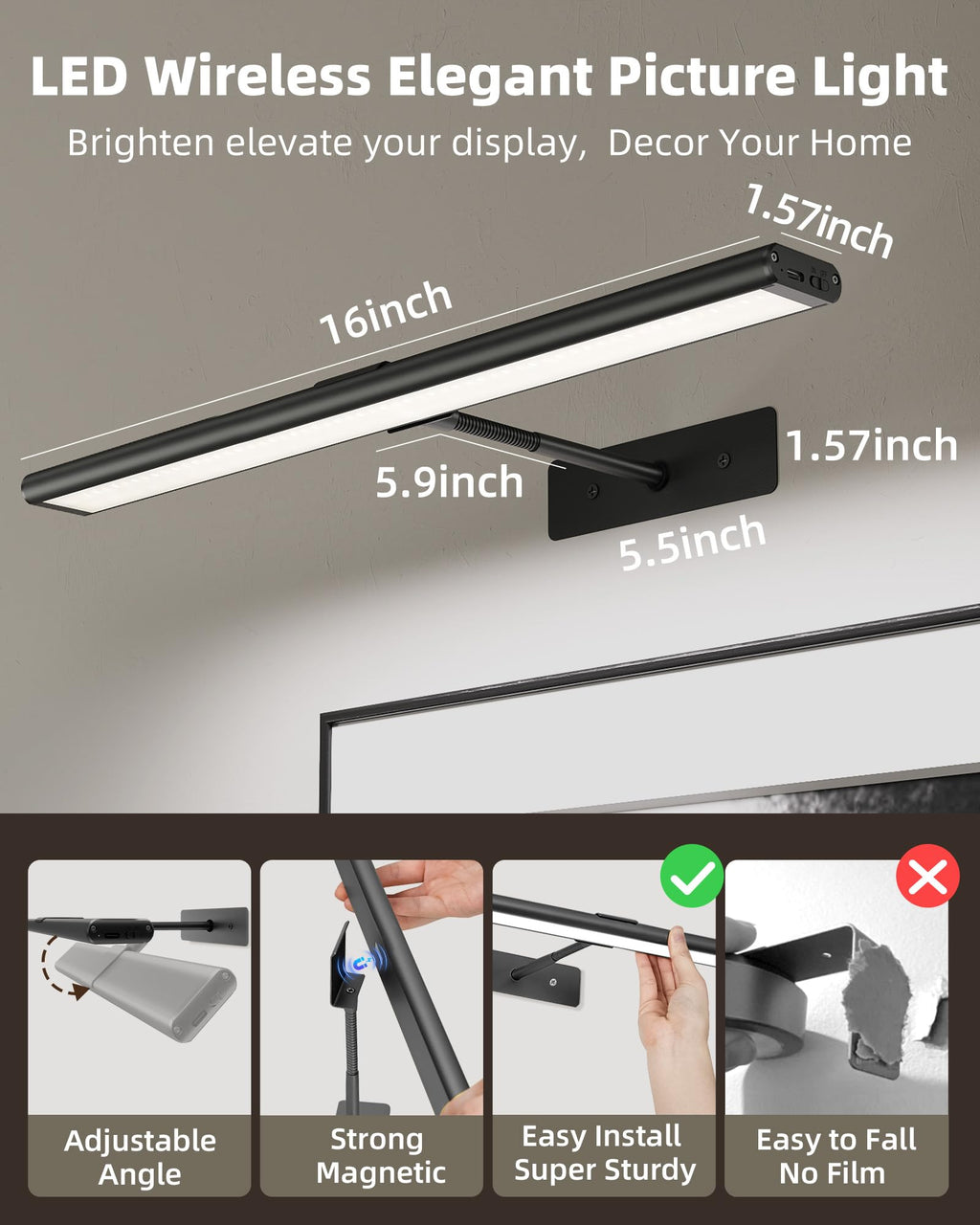 EZVALO Picture Light for Wall, 13'' Rechargeable Magnetic with Remote