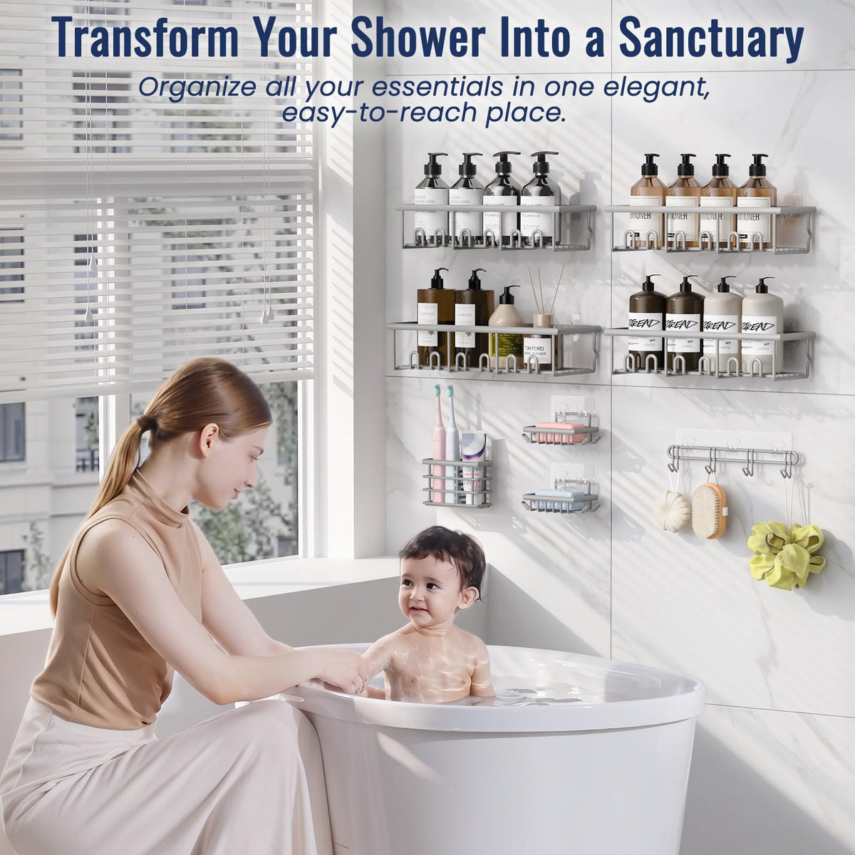 8 Pack Adhesive Bathroom Holders & Dispensers for Kids & Adults, Black