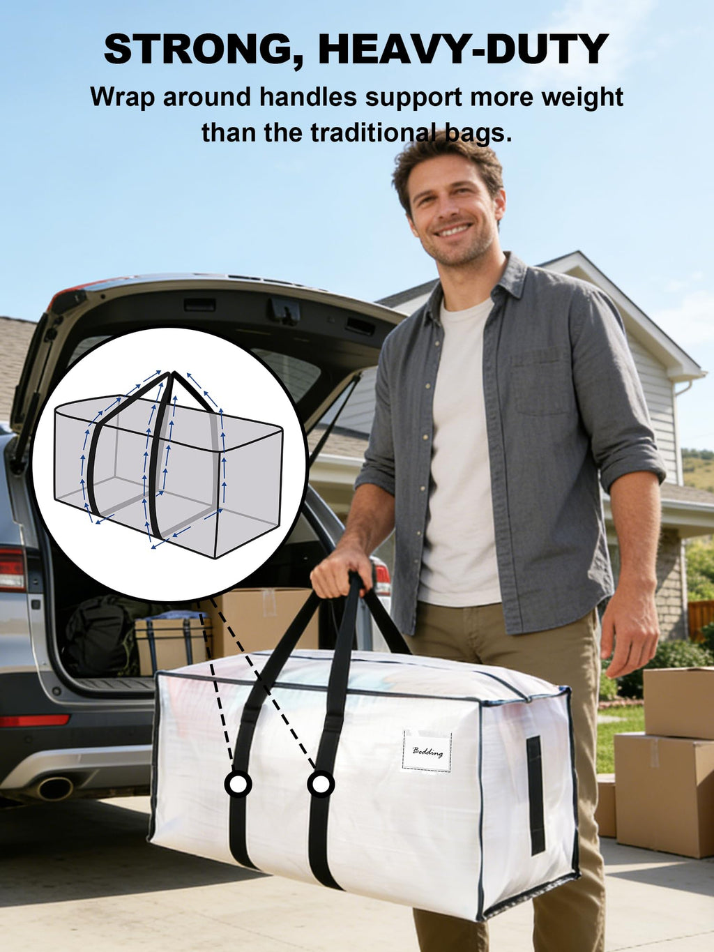 HOMESURE Supports 200lbs Heavy Duty Moving Bags - Strong Zipper & Wrap-Around Handles - Water-Resistant Storage Totes, Durable Alternative to Moving Boxes - 4 Pack - Semi-Transparent
