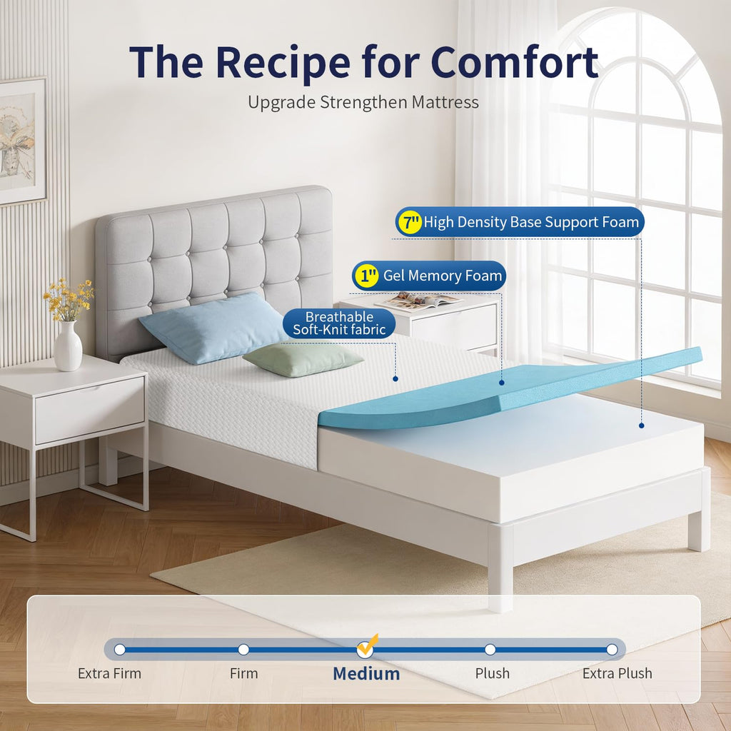 FDW | 5 Inch Twin Mattress | Medium Firm | Gel Memory Foam | White