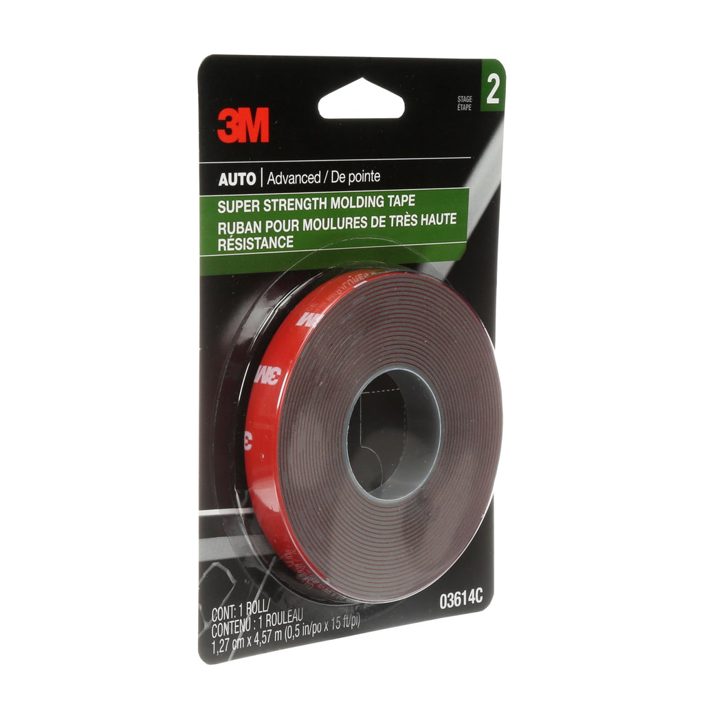 3M Super-Strength Molding Tape, 1/2 in x 15 ft, Double-Sided Adhesive, Permanently Attaches Side Moldings, Trim and Emblems to Interior and Exterior of Vehicles (03614), Gray