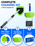 XINDELL Interior Windshield Cleaner Tool – Car Interior Window Cleaning Kit with Extendable Handle & 4 Microfiber Pads, Auto Wiper Inside Compact Windshield Brush for Car & Home Windows