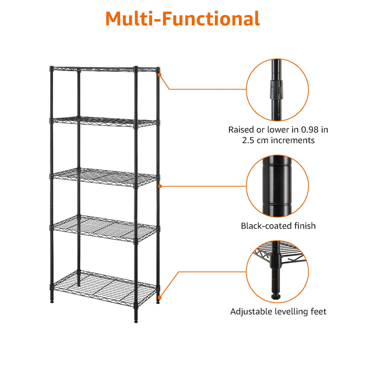 Amazon Basics 5-Shelf Tower Adjustable Storage Shelving Unit, Chrome, 16" x 16" x 54", 150 lbs Per Shelf