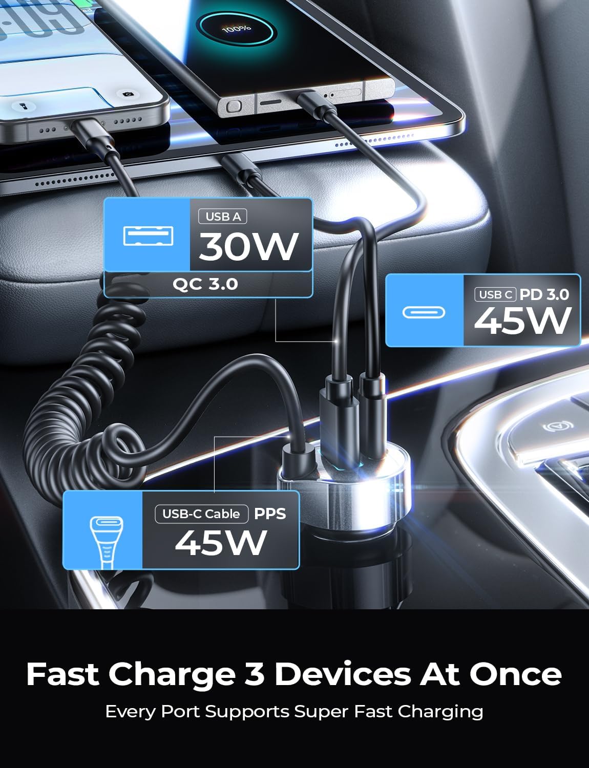 for iPhone 18/17 Pro Max Car Charger USB C Fast Charge with Coiled Cable