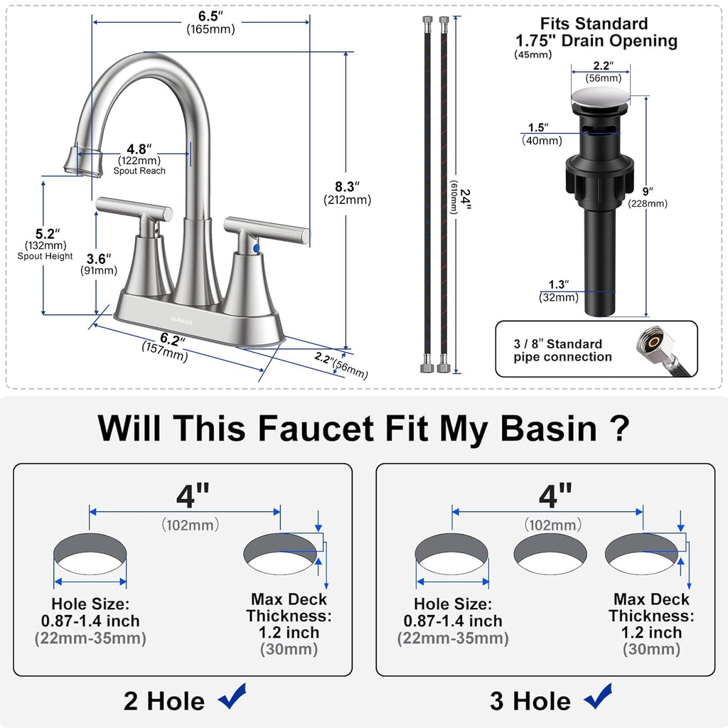 Matte Black Bathroom Faucet, Hurran 4 inch Centerset 2-Handle Lead-Free