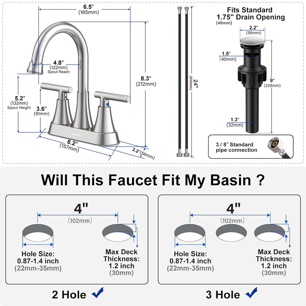 Matte Black Bathroom Faucet, Hurran 4 inch Centerset 2-Handle Lead-Free
