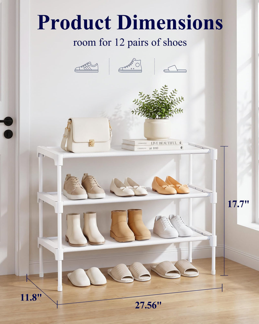 Kitsure Shoe Rack - Non-Woven Shoe Rack Shelf, Shoe Organizer for Closet, Entryway, Garage & Corridor, Stackable Shoe Shelves, 27.5" Wide - 2 Tier, Black