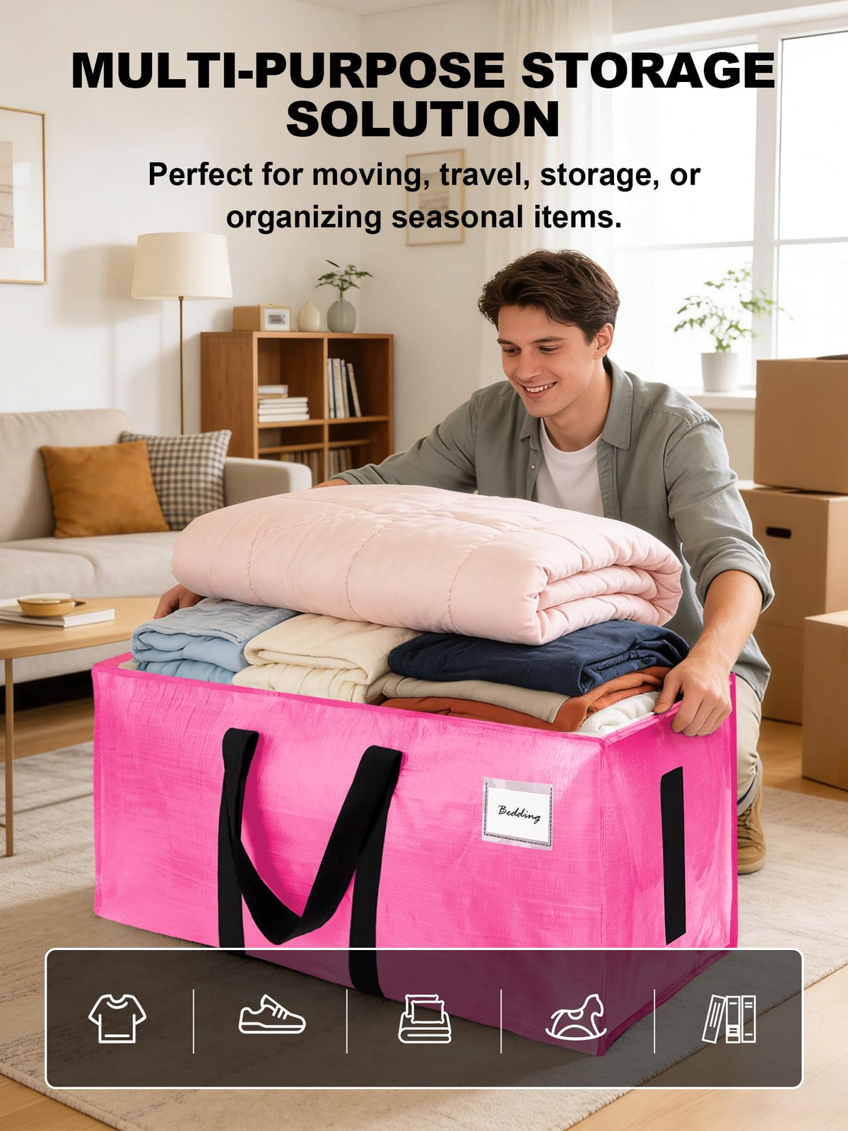 HOMESURE Supports 200lbs Heavy Duty Moving Bags - Strong Zipper & Wrap-Around Handles - Water-Resistant Storage Totes, Durable Alternative to Moving Boxes - 4 Pack - Semi-Transparent