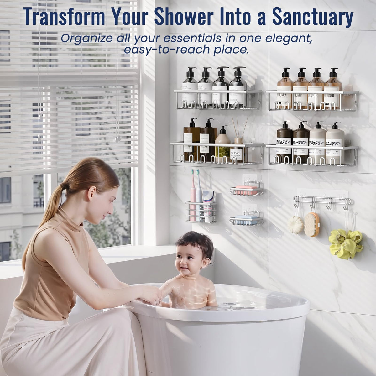 8 Pack Adhesive Bathroom Holders & Dispensers for Kids & Adults, Black