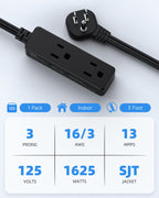 Flat Plug Extension Cord with 3 Outlets - 6Ft Low Profile Indoor 3 Prong Grounded Power Strip for Home Office & Travel - 16 AWG 13A/1625W, Black