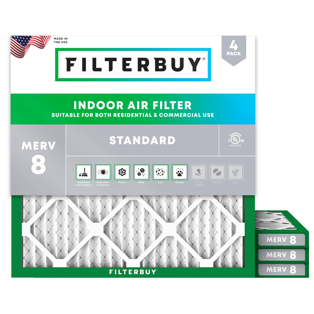 Filterbuy 20x20x1 Air Filter MERV 8 Dust & Allergy Defense (4-Pack)