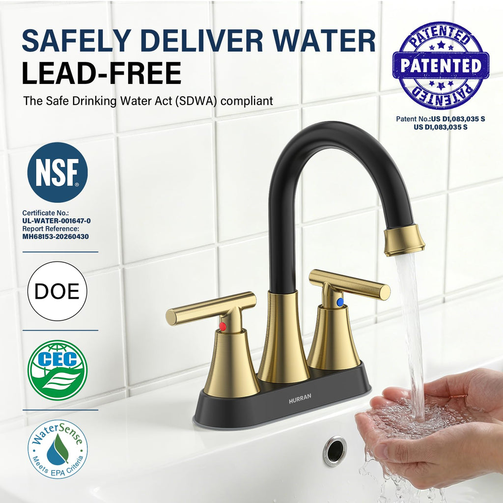 Matte Black Bathroom Faucet, Hurran 4 inch Centerset 2-Handle Lead-Free