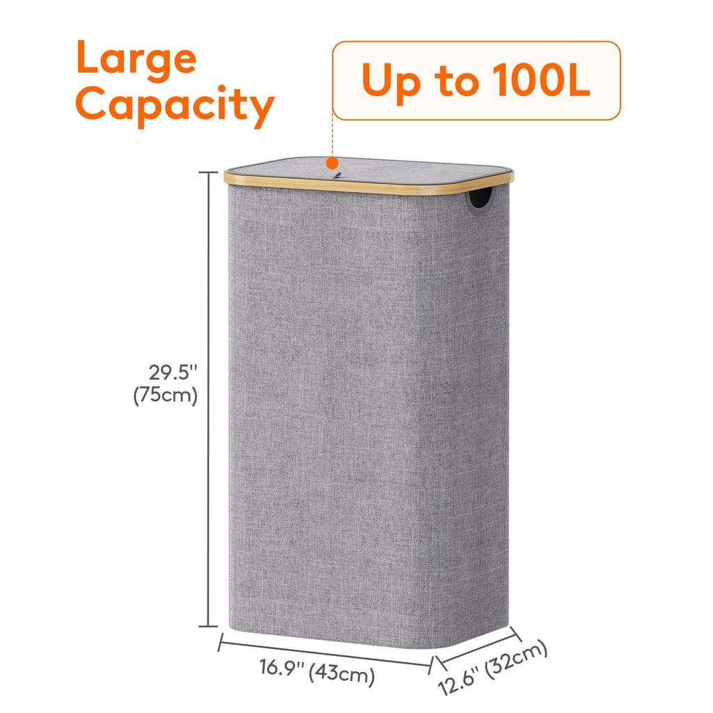 Lifewit 105L Large Laundry Basket with Lid, Removable Bags, Beige