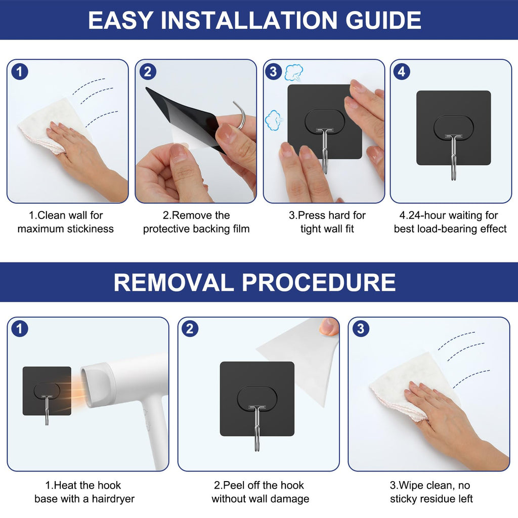 Adhesive Wall Hooks No Drill Clear Heavy Duty, 13LB Sticky 12 Pack