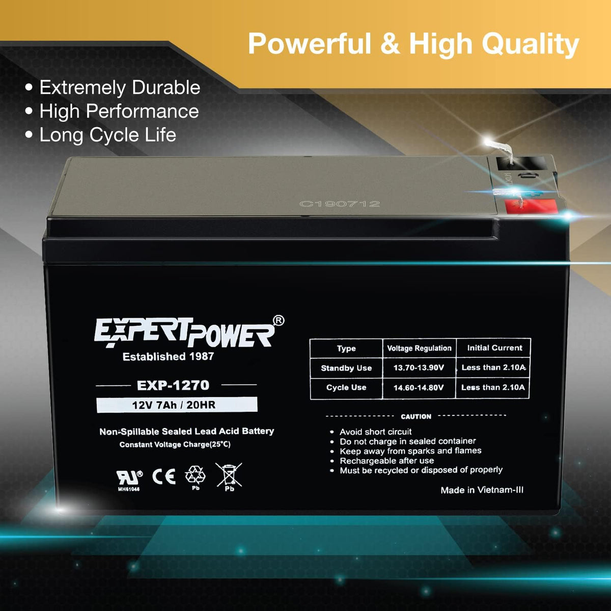 ExpertPower EXP1270, 12V 7Ah Battery SLA Rechargeable with F1 Terminals