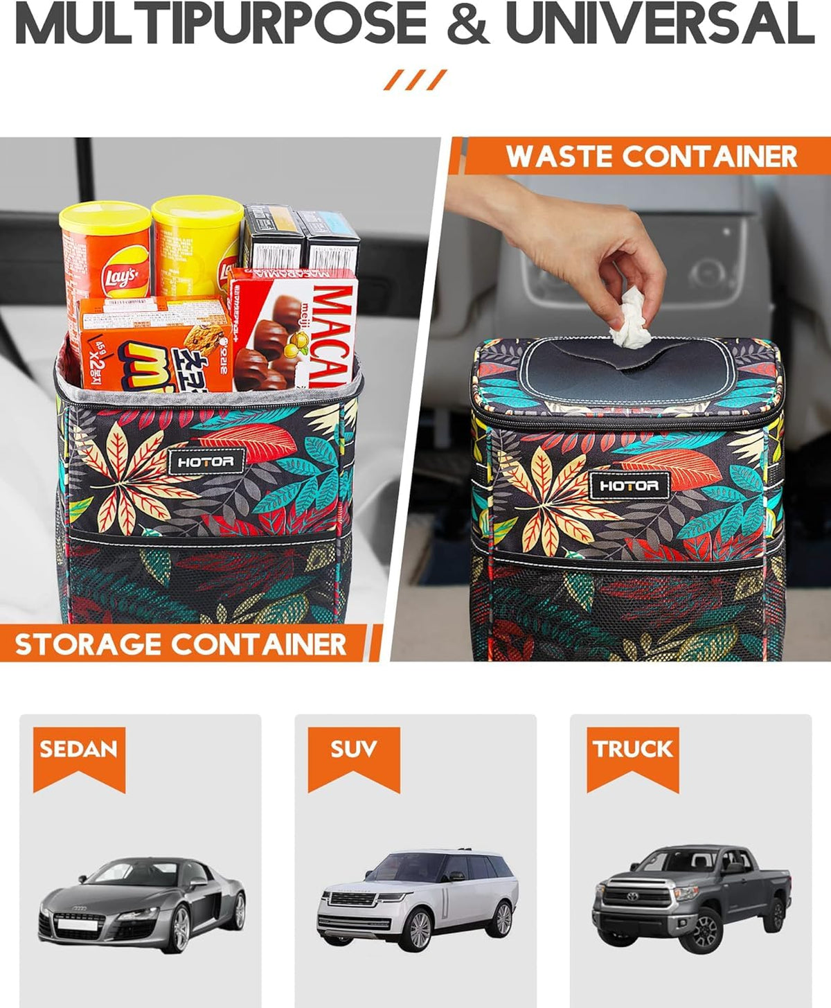 HOTOR Car Trash Can, Leakproof Car Organizer, 2-Gallon, Brown