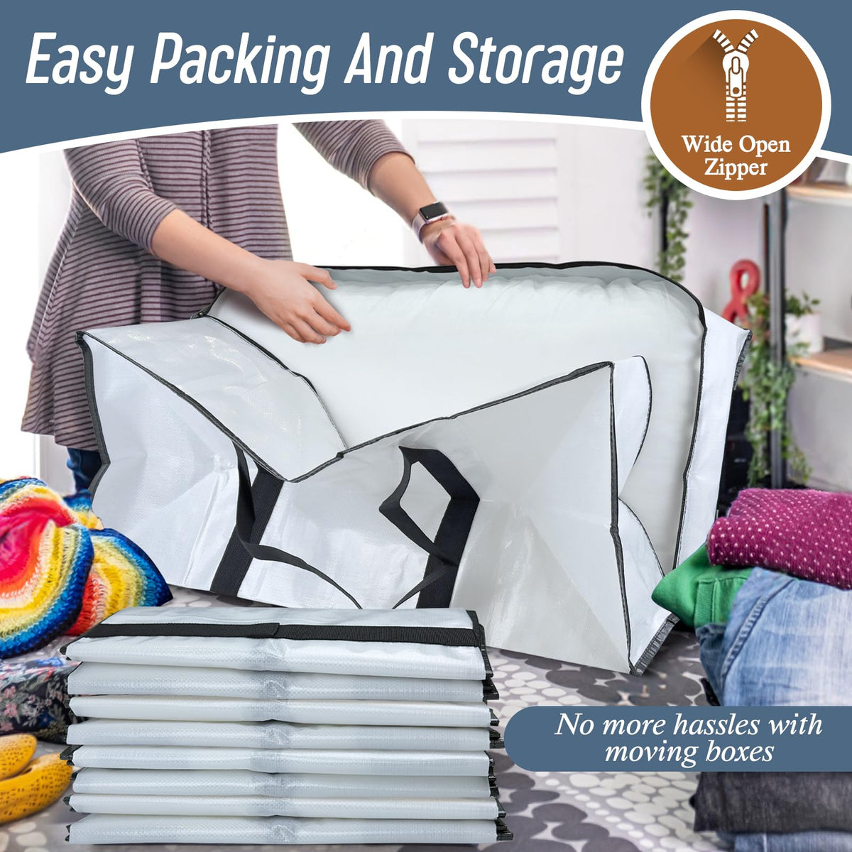 6 Pack Extra Heavy Duty Large Moving Bags with Strong Zipper, Dark Blue