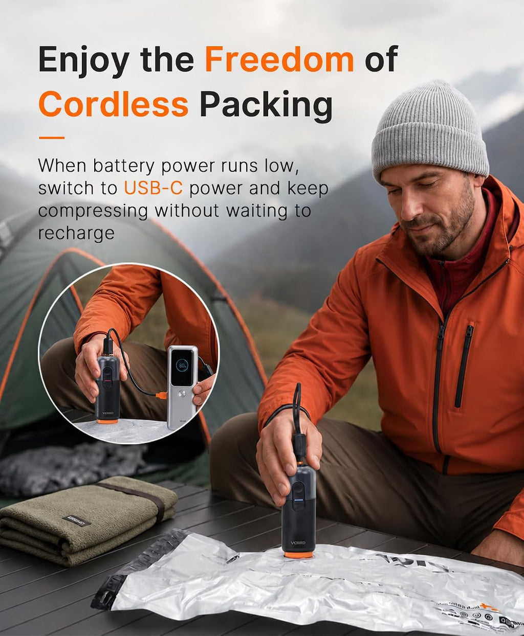 Vacbird 20-Pack Travel Vacuum Storage Bags, Compression Bags for Suitcase & Carry-On, Dual Power Cordless Rechargeable Pump (Battery & USB), Space Saver Bags for Clothes