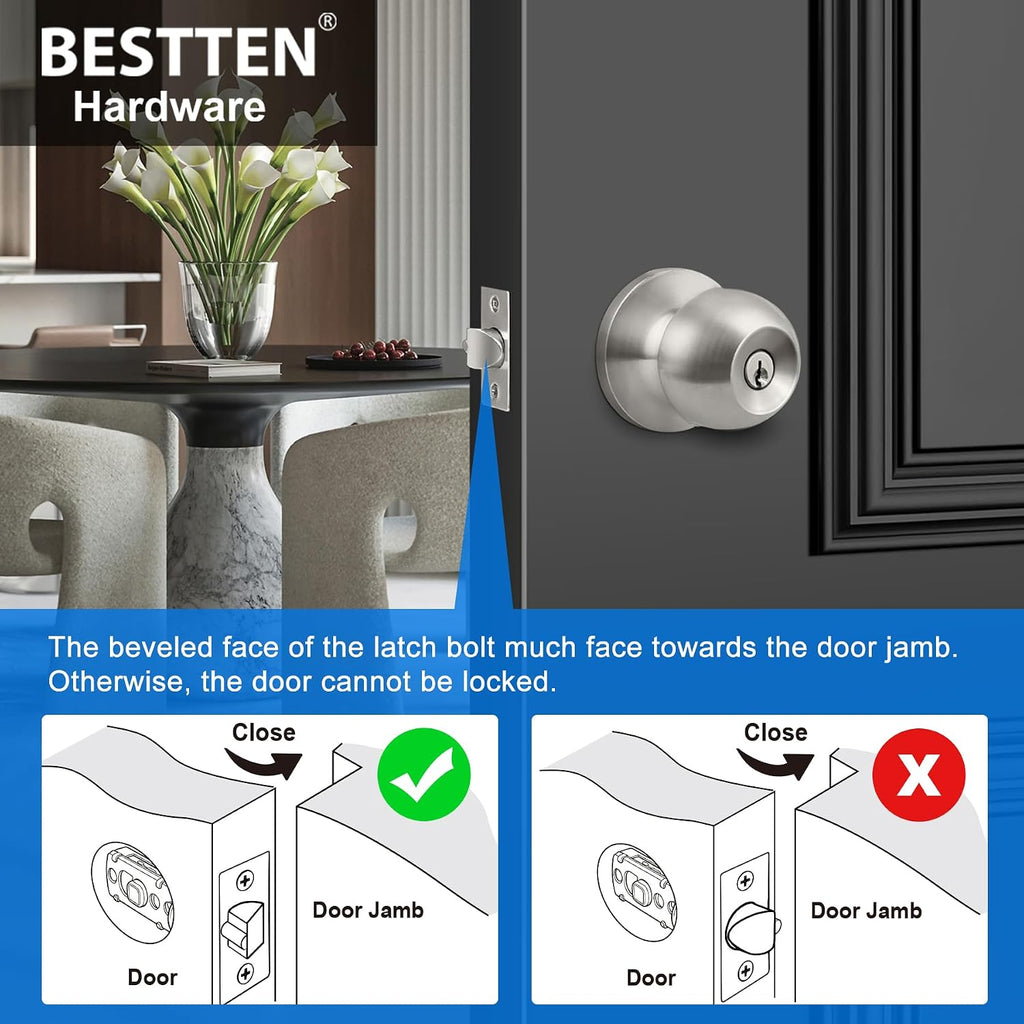 BESTTEN Keyed Entry Door Knob with Lock, Heavy Duty Interior and Exterior Door Lock, Standard Ball, Satin Nickel