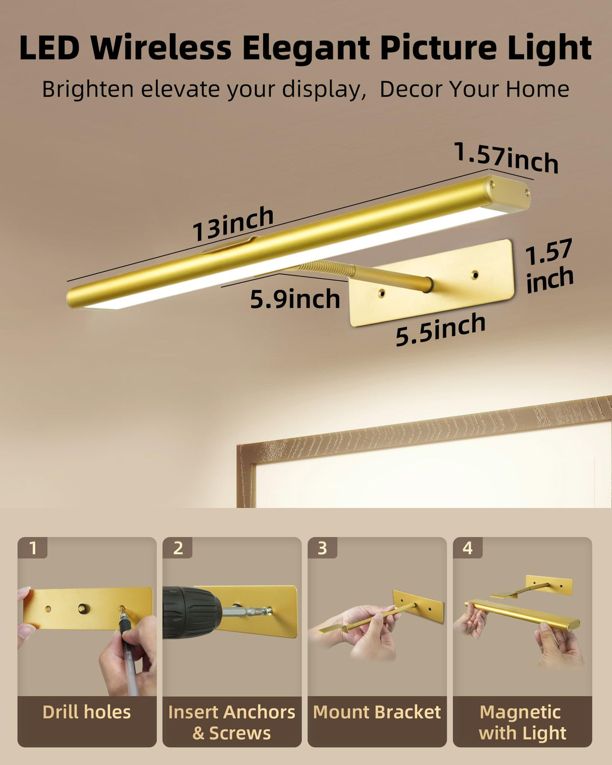 EZVALO Picture Light for Wall, 13'' Rechargeable Magnetic with Remote