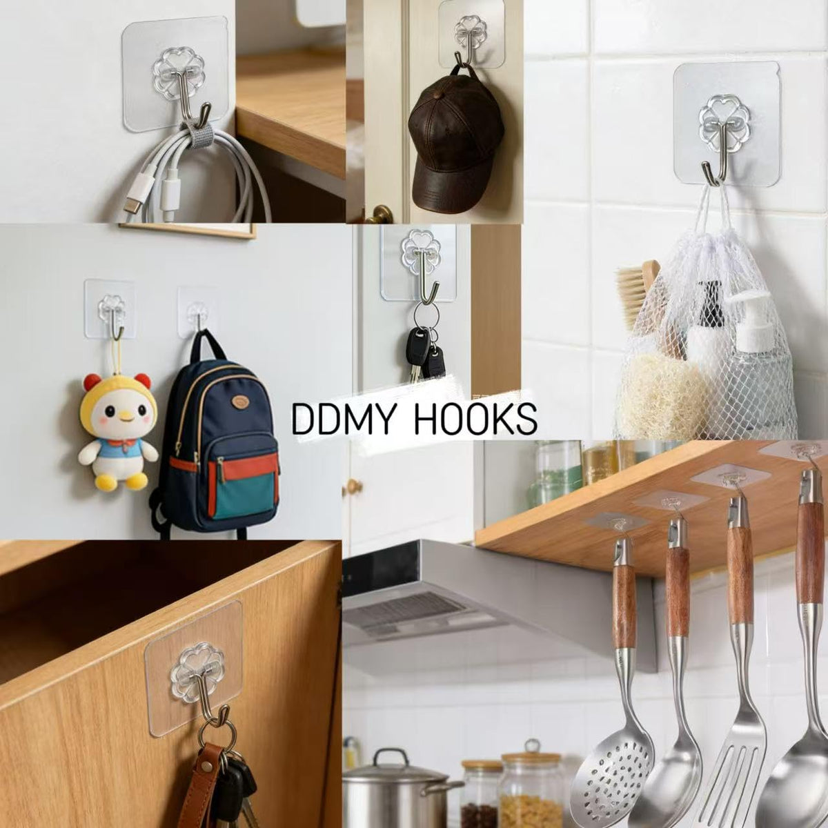 DDMY Adhesive Wall Hooks Clear 50lb(Max) Heavy Duty Hanging Sticky-10 Pack