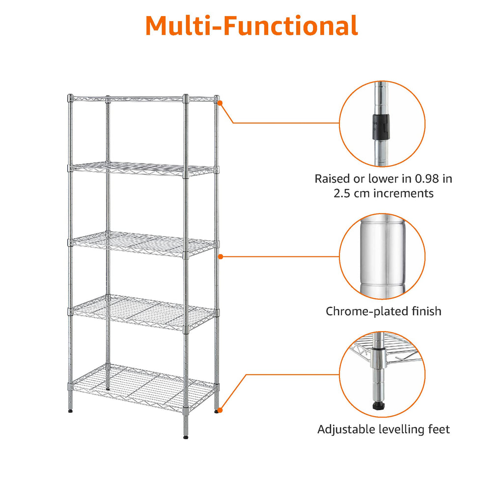 Amazon Basics 5-Shelf Tower Adjustable Storage Shelving Unit, Chrome, 16" x 16" x 54", 150 lbs Per Shelf