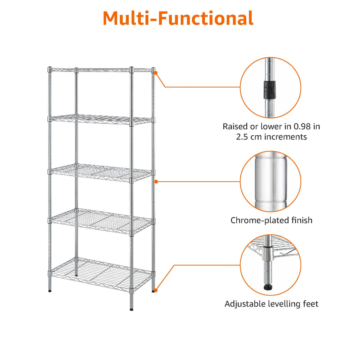 Amazon Basics 5-Shelf Tower Adjustable Storage Shelving Unit, Chrome, 16" x 16" x 54", 150 lbs Per Shelf