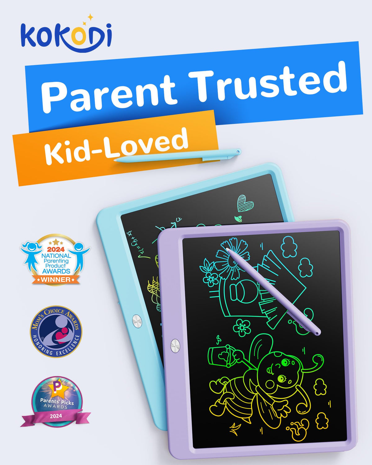 KOKODI LCD Writing Tablet, 12 Inch Colorful Toddler Doodle Board Drawing Tablet, Erasable Reusable Electronic Drawing Pads, Educational and Learning Toy for 3-6 Years Old Boy and Girls(Blue)