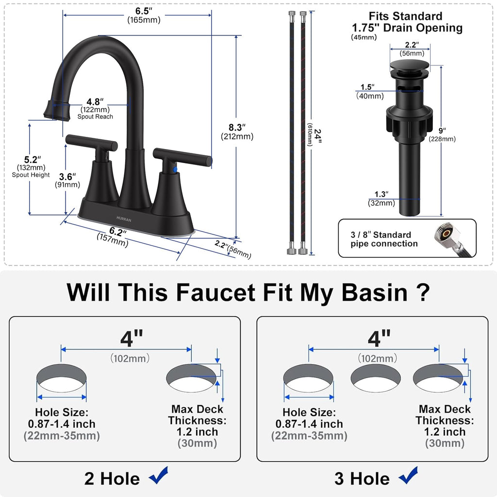 Matte Black Bathroom Faucet, Hurran 4 inch Centerset 2-Handle Lead-Free