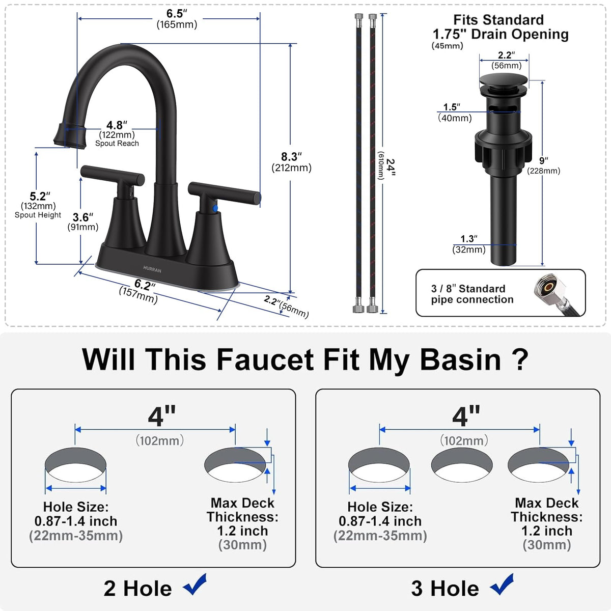 Matte Black Bathroom Faucet, Hurran 4 inch Centerset 2-Handle Lead-Free