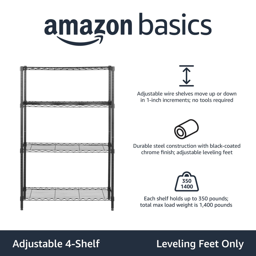 Amazon Basics 5-Shelf Tower Adjustable Storage Shelving Unit, Chrome, 16" x 16" x 54", 150 lbs Per Shelf
