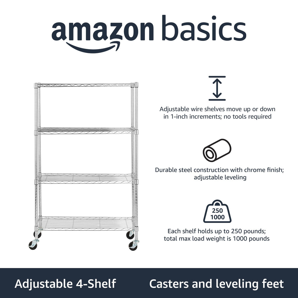Amazon Basics 5-Shelf Tower Adjustable Storage Shelving Unit, Chrome, 16" x 16" x 54", 150 lbs Per Shelf