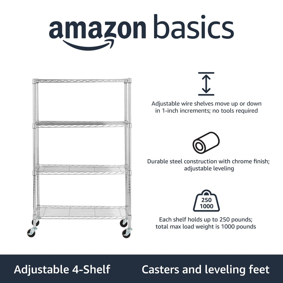 Amazon Basics 5-Shelf Tower Adjustable Storage Shelving Unit, Chrome, 16" x 16" x 54", 150 lbs Per Shelf