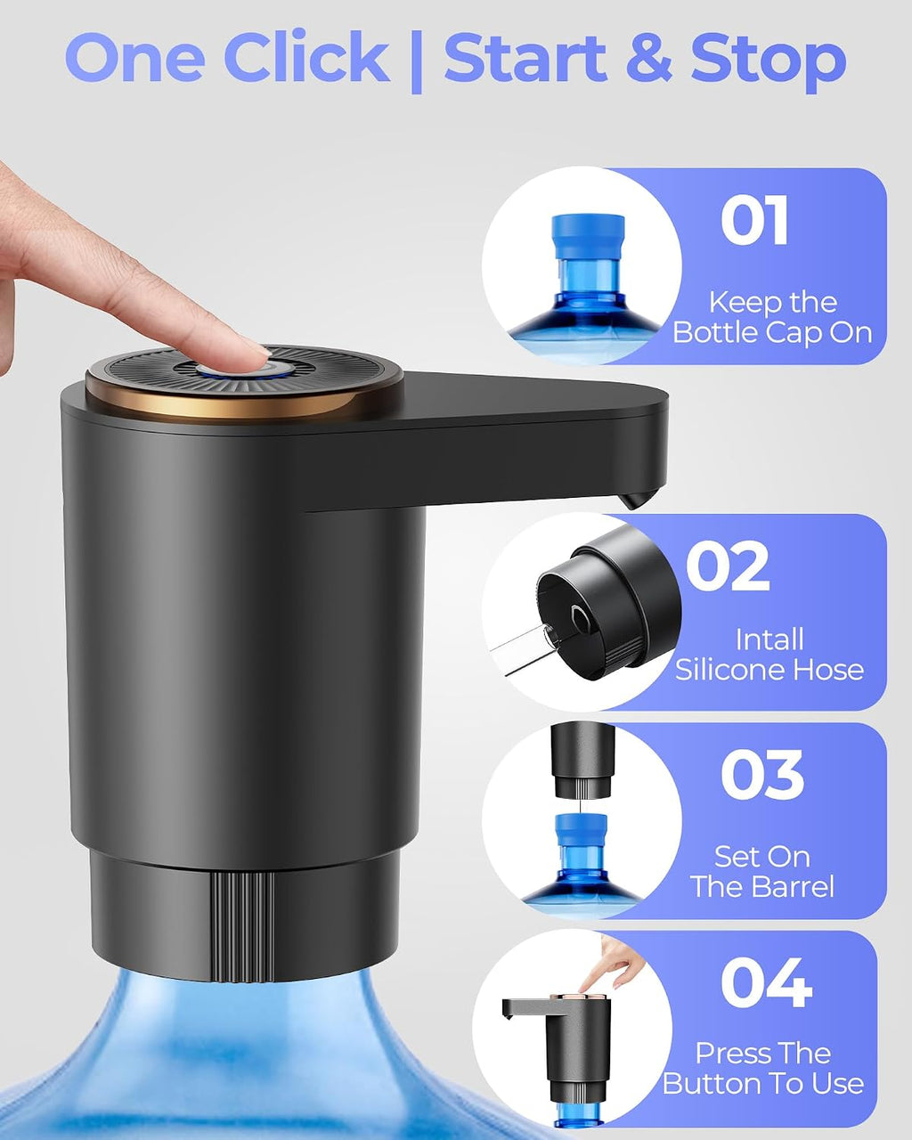 Water Jug Pump for 5 Gallon Bottle – Portable Electric USB-C Charging Dispenser, Dual Powerful Motors, Fast Flow, Fits 2-5 Gallon Jugs – Ideal for Home, Office, Camping, RV, Black