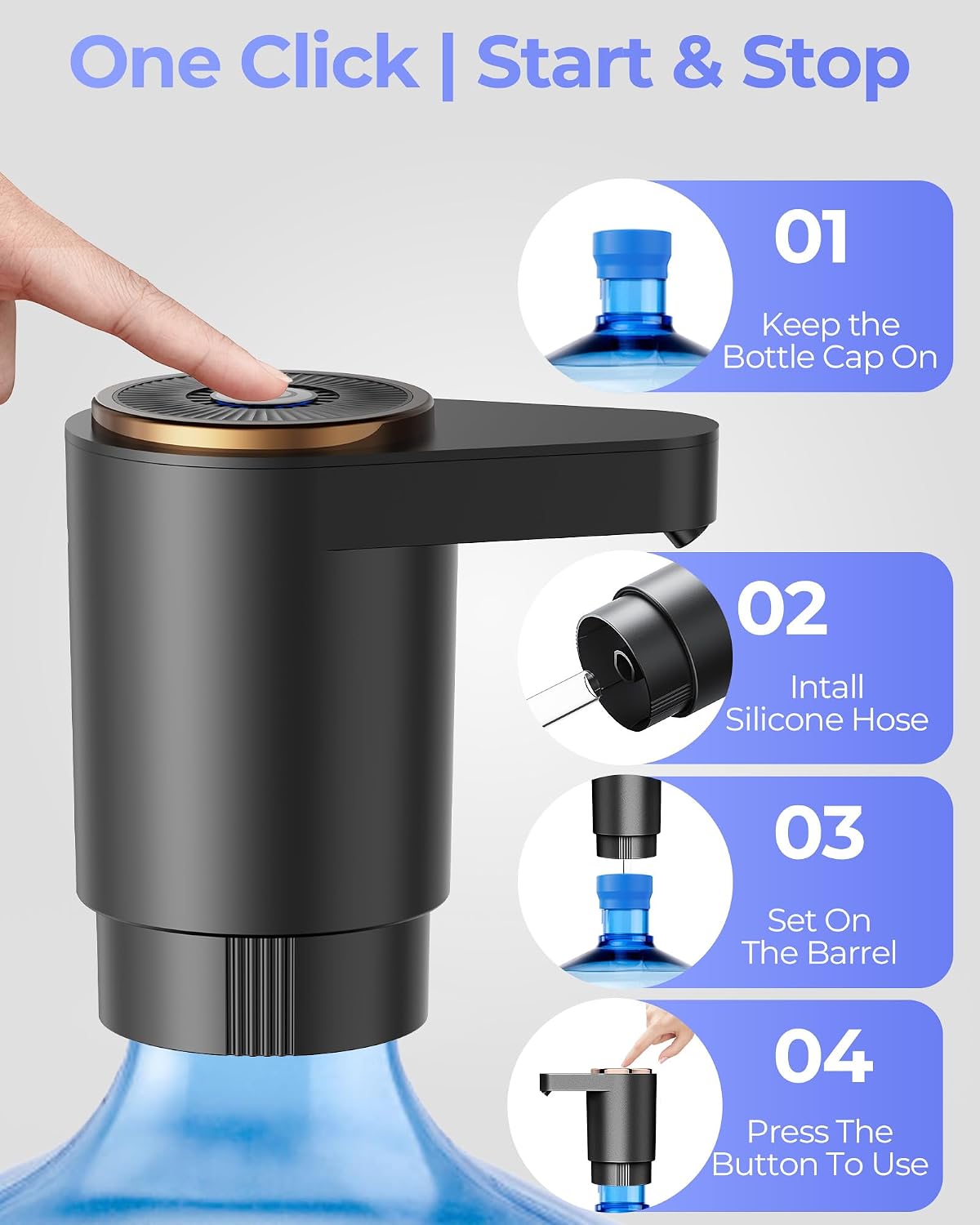 Water Jug Pump for 5 Gallon Bottle – Portable Electric USB-C Charging Dispenser, Dual Powerful Motors, Fast Flow, Fits 2-5 Gallon Jugs – Ideal for Home, Office, Camping, RV, Black
