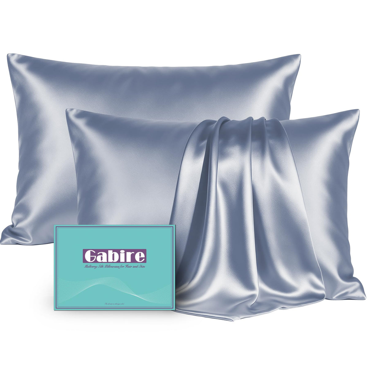Gabire Mulberry Silk Pillowcases Set of 2, Both Sides Real Silk Pillowcase for Hair and Skin Prevent Acne Pillowcase Organic Silk Pillow case 2 Pack with Hidden Zipper, Navy Blue, Standard (20"×26")