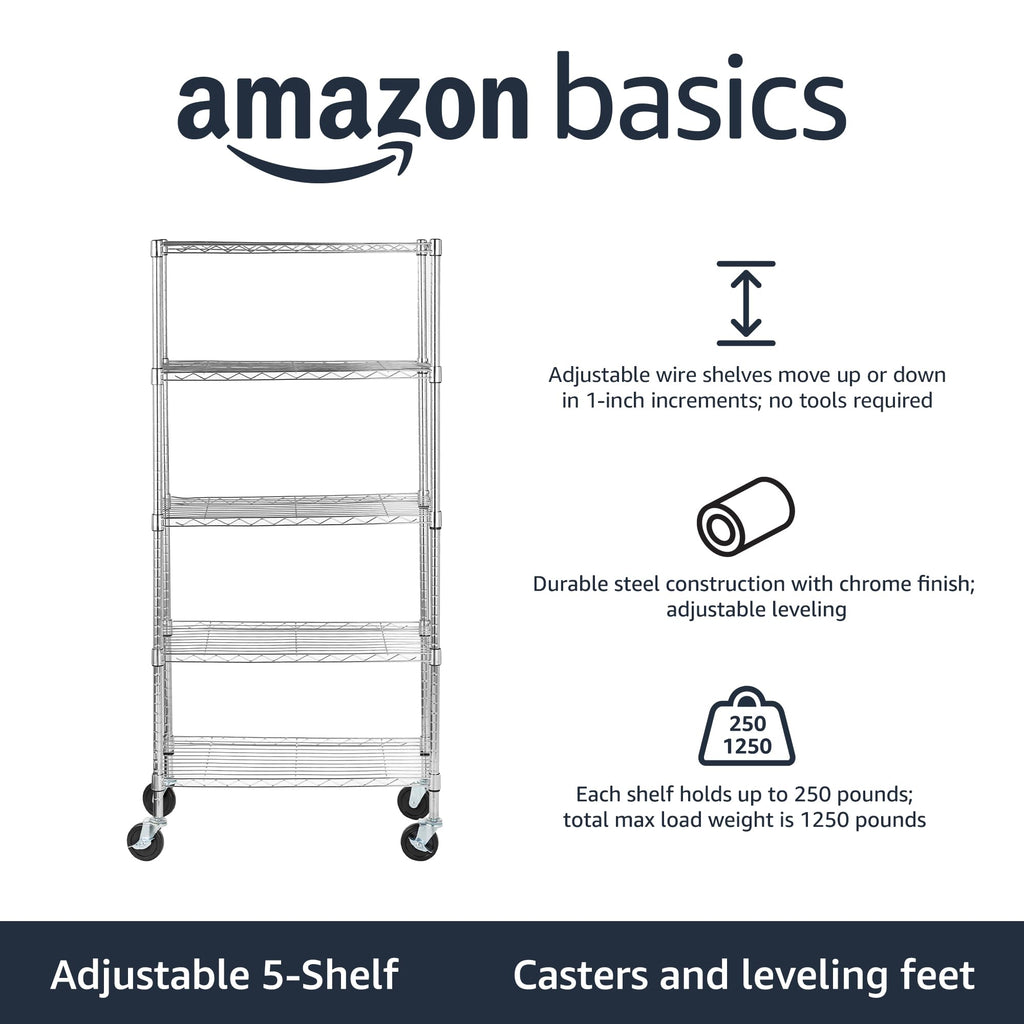 Amazon Basics 5-Shelf Tower Adjustable Storage Shelving Unit, Chrome, 16" x 16" x 54", 150 lbs Per Shelf