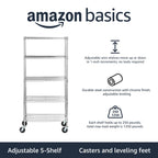 Amazon Basics 5-Shelf Tower Adjustable Storage Shelving Unit, Chrome, 16" x 16" x 54", 150 lbs Per Shelf